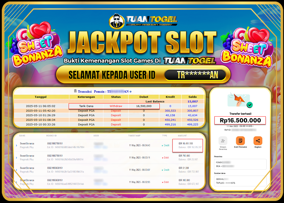 TUANTOGEL JACKPOT SLOT SWEET BONANZA Rp16.500.000 - LUNAS